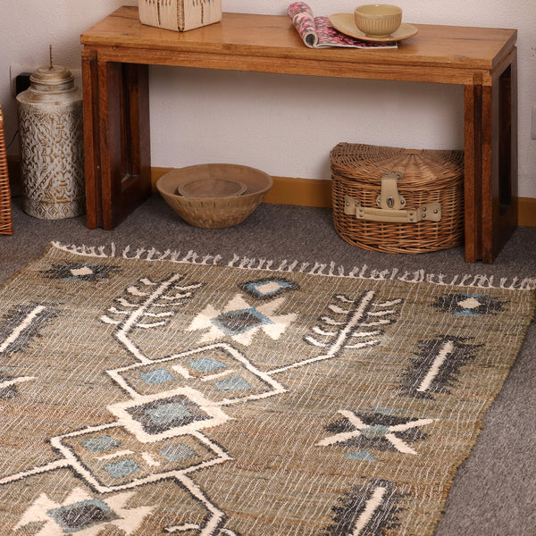 Handwoven Olive Green Kilim Area Rug-Boho Tribal Geometric Cotton Jute