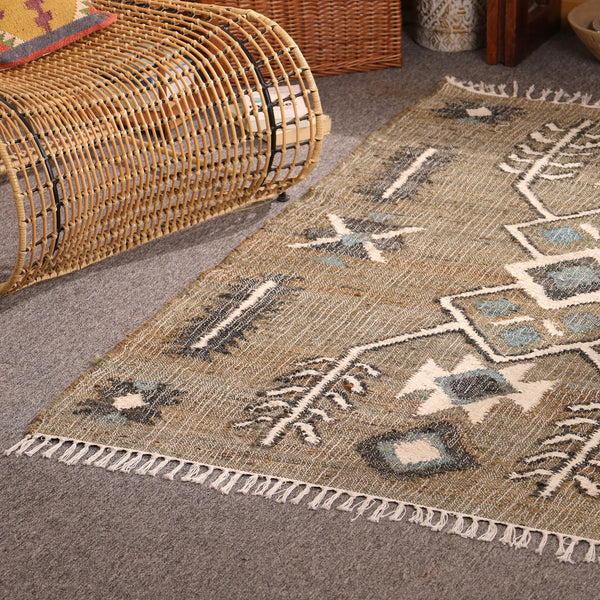 Handwoven Olive Green Kilim Area Rug-Boho Tribal Geometric Cotton Jute