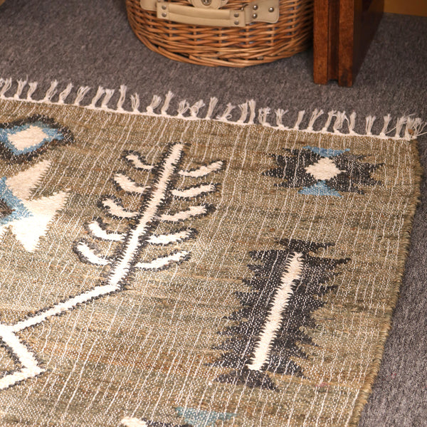 Handwoven Olive Green Kilim Area Rug-Boho Tribal Geometric Cotton Jute