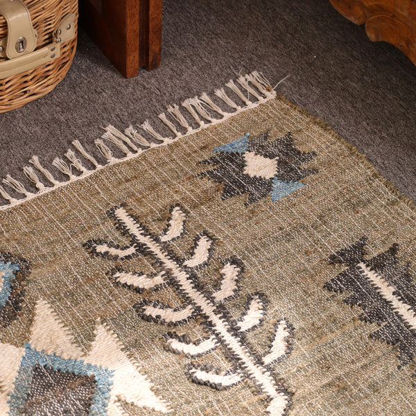 Handwoven Olive Green Kilim Area Rug-Boho Tribal Geometric Cotton Jute