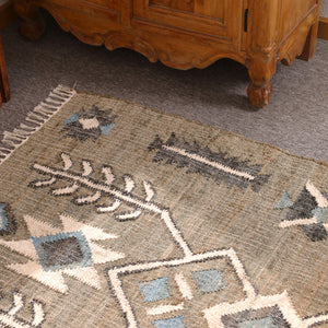 Handwoven Olive Green Kilim Area Rug-Boho Tribal Geometric Cotton Jute