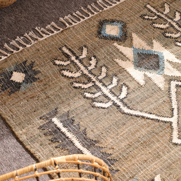 Handwoven Olive Green Kilim Area Rug-Boho Tribal Geometric Cotton Jute
