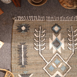 Handwoven Olive Green Kilim Area Rug-Boho Tribal Geometric Cotton Jute