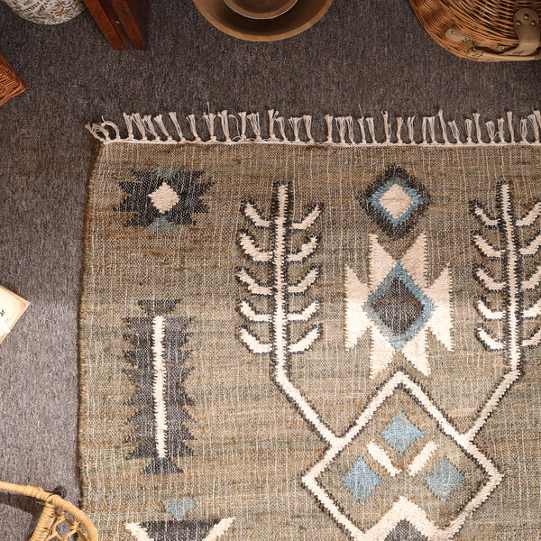 Handwoven Olive Green Kilim Area Rug-Boho Tribal Geometric Cotton Jute