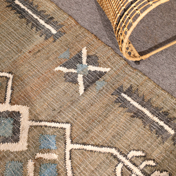 Handwoven Olive Green Kilim Area Rug-Boho Tribal Geometric Cotton Jute