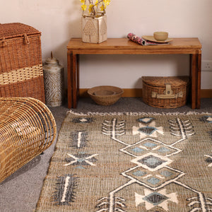 Handwoven Olive Green Kilim Area Rug-Boho Tribal Geometric Cotton Jute