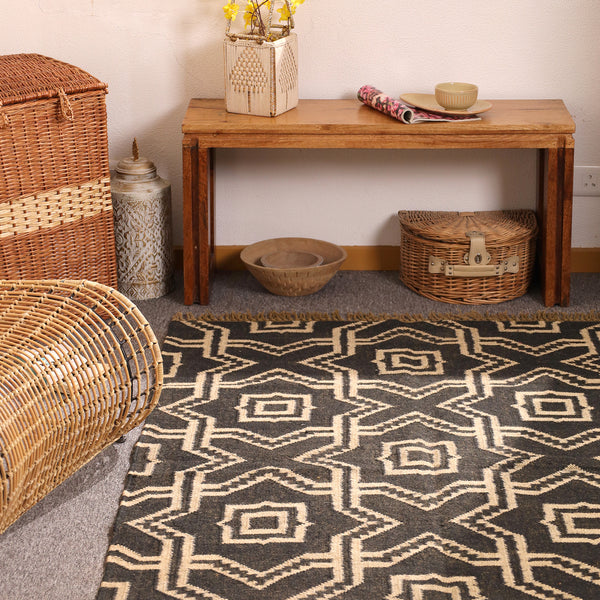 Handwoven Black & Ivory Kilim Area Rug - Geometric Tribal Wool Flatweave Rug