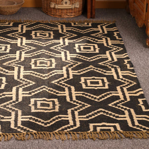 Handwoven Black & Ivory Kilim Area Rug - Geometric Tribal Wool Flatweave Rug