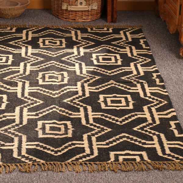 Handwoven Black & Ivory Kilim Area Rug - Geometric Tribal Wool Flatweave Rug