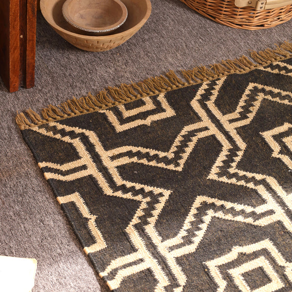Handwoven Black & Ivory Kilim Area Rug - Geometric Tribal Wool Flatweave Rug
