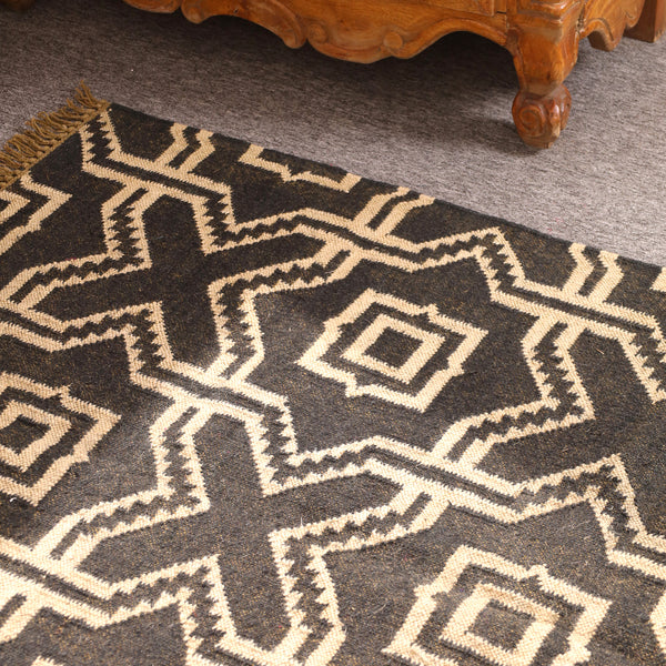 Handwoven Black & Ivory Kilim Area Rug - Geometric Tribal Wool Flatweave Rug