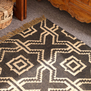 Handwoven Black & Ivory Kilim Area Rug - Geometric Tribal Wool Flatweave Rug