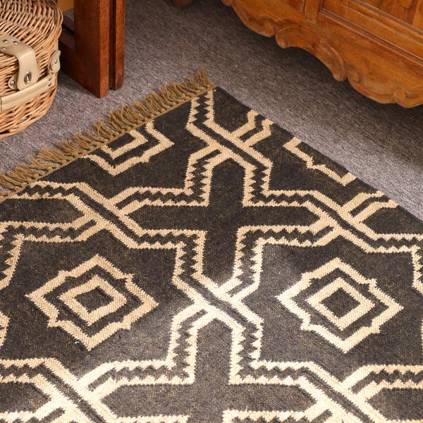 Handwoven Black & Ivory Kilim Area Rug - Geometric Tribal Wool Flatweave Rug