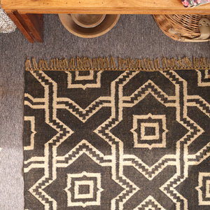 Handwoven Black & Ivory Kilim Area Rug - Geometric Tribal Wool Flatweave Rug