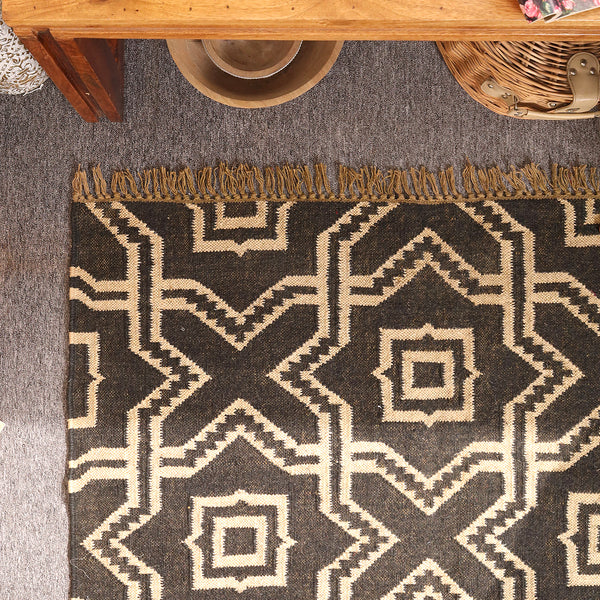 Handwoven Black & Ivory Kilim Area Rug - Geometric Tribal Wool Flatweave Rug