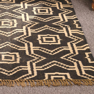 Handwoven Black & Ivory Kilim Area Rug - Geometric Tribal Wool Flatweave Rug