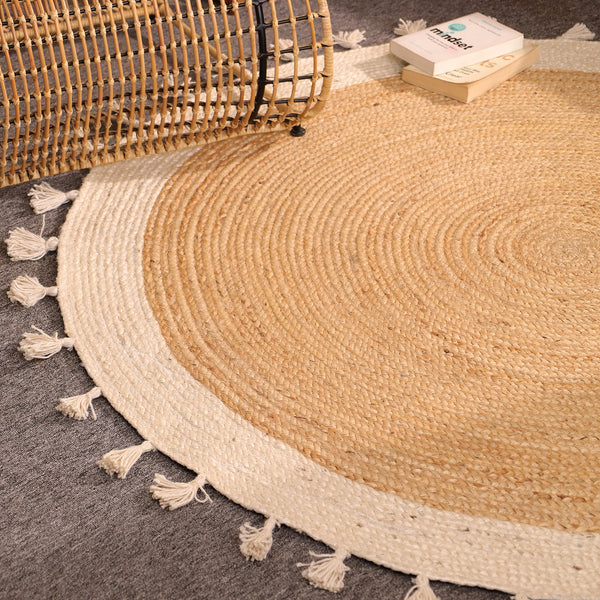 Handwoven Natural Round Jute Rug With Border & Tassels - Boho Braided Area Rug