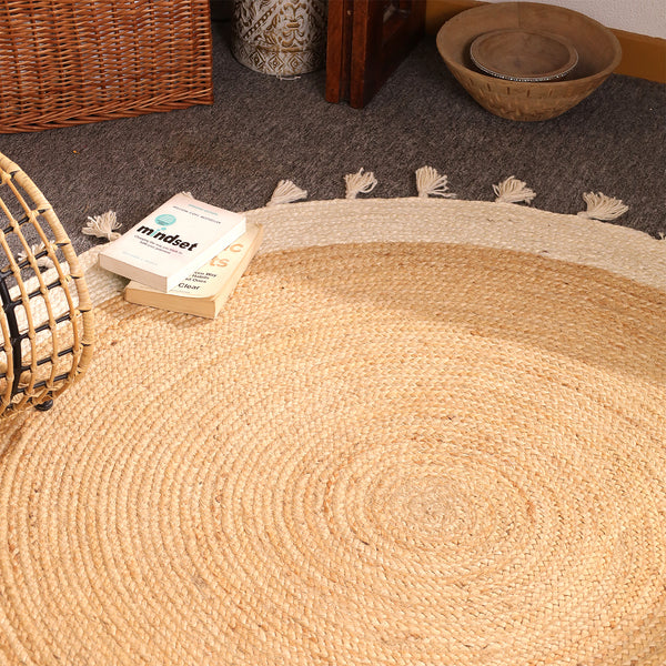 Handwoven Natural Round Jute Rug With Border & Tassels - Boho Braided Area Rug