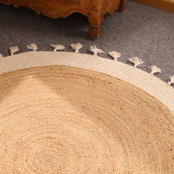 Handwoven Natural Round Jute Rug With Border & Tassels - Boho Braided Area Rug