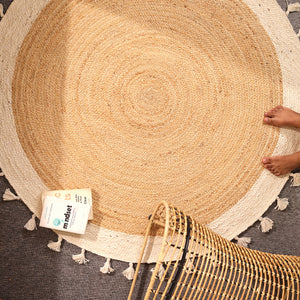Handwoven Natural Round Jute Rug With Border & Tassels - Boho Braided Area Rug