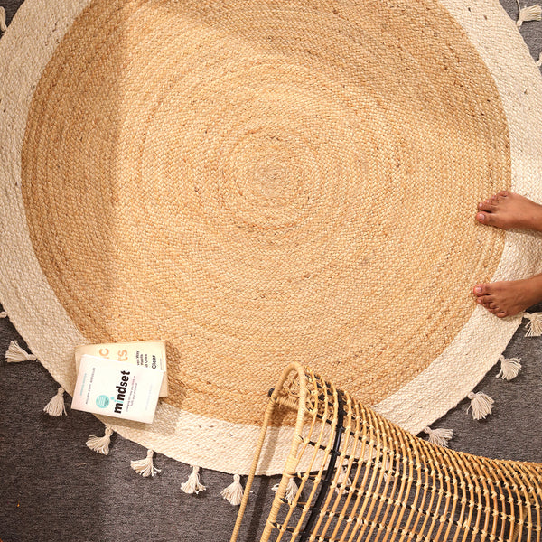 Handwoven Natural Round Jute Rug With Border & Tassels - Boho Braided Area Rug