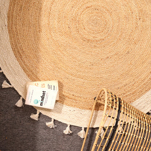 Handwoven Natural Round Jute Rug With Border & Tassels - Boho Braided Area Rug