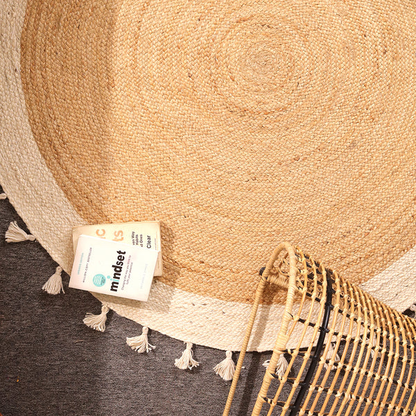 Handwoven Natural Round Jute Rug With Border & Tassels - Boho Braided Area Rug