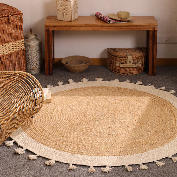 Handwoven Natural Round Jute Rug With Border & Tassels - Boho Braided Area Rug