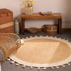 Handwoven Natural Round Jute Rug With Border & Tassels - Boho Braided Area Rug