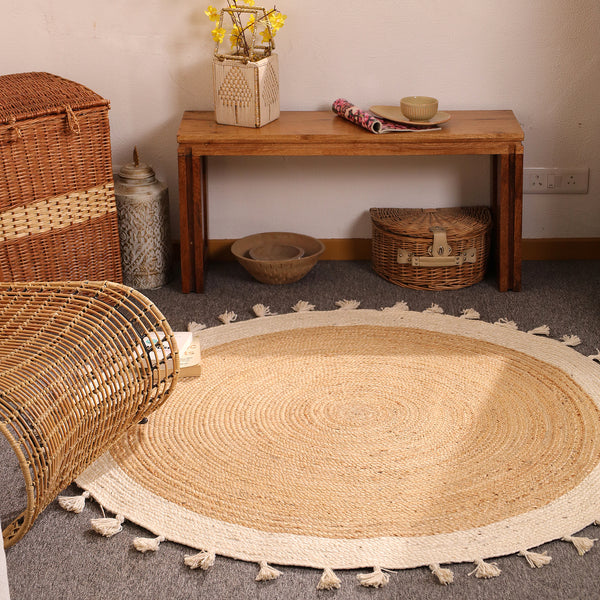 Handwoven Natural Round Jute Rug With Border & Tassels - Boho Braided Area Rug