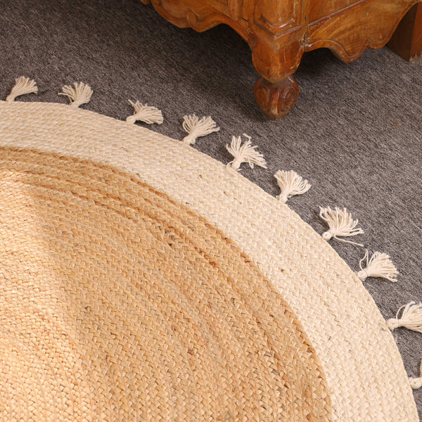 Handwoven Natural Round Jute Rug With Border & Tassels - Boho Braided Area Rug