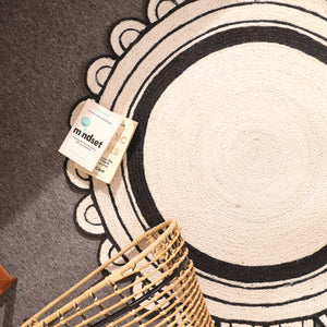 Handwoven Round Jute Rug with Black Border - Natural Braided Boho Area Rug