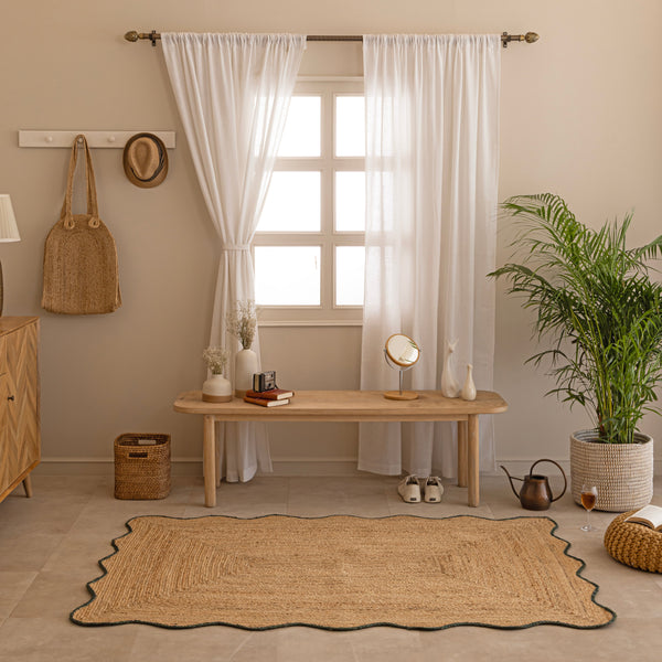 Natural Scalloped Jute RugHandbraided White Strip Pattern Decorative Area Carpet