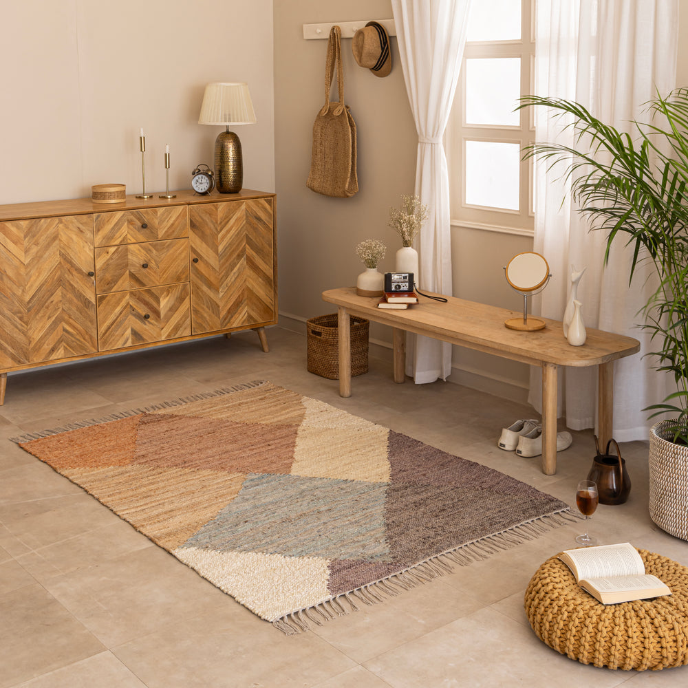 Handwoven Cotton-Jute Natural Ethnic Rug - Vintage Geometric Design