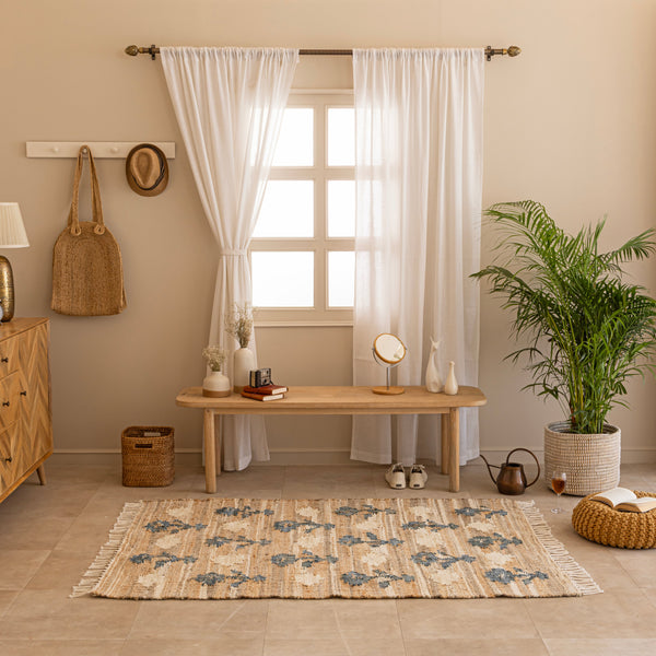 Handwoven Cotton-Jute Natural Ethnic Rug - Vintage Geometric Design