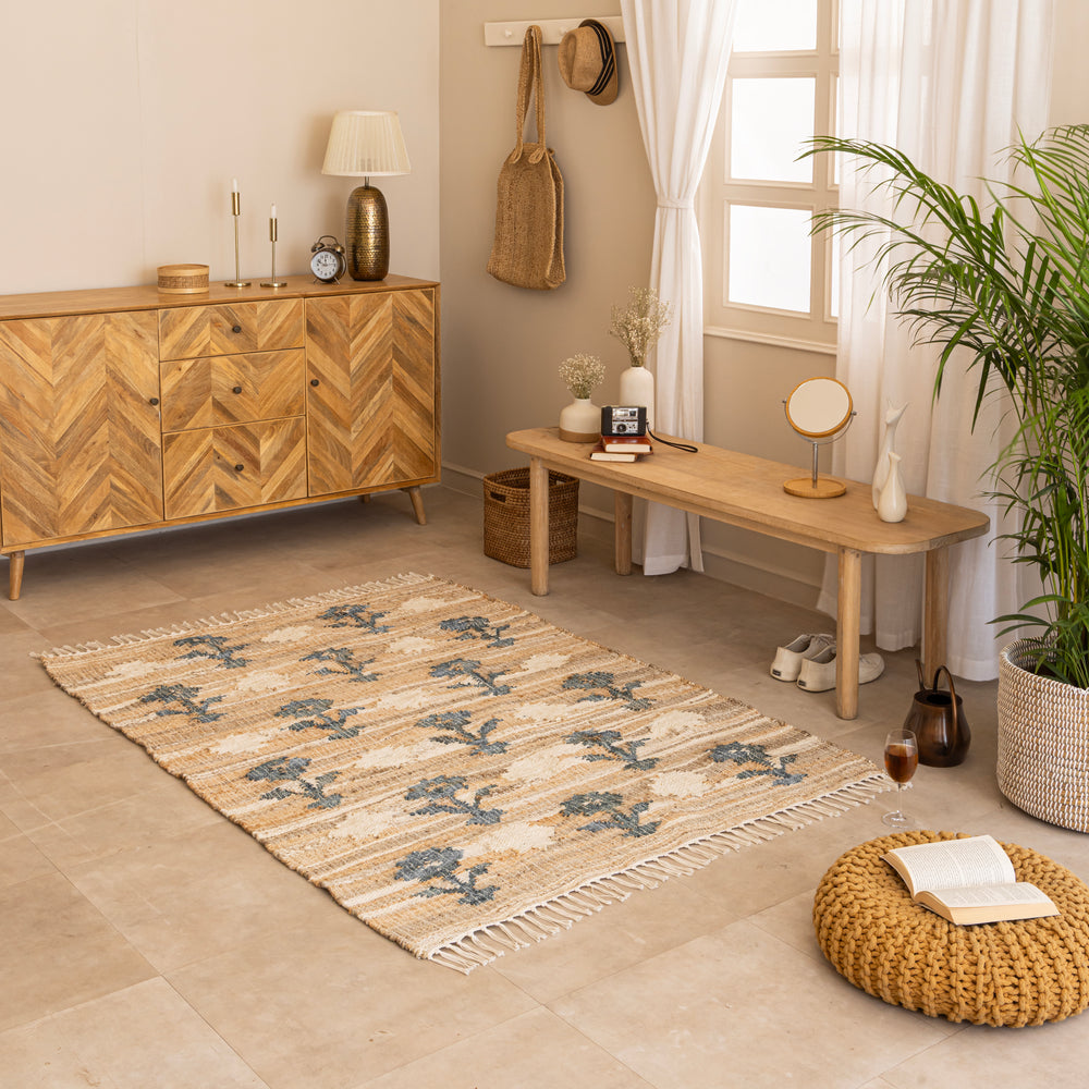 Handwoven Cotton-Jute Natural Ethnic Rug - Vintage Geometric Design
