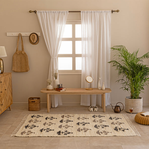 Handwoven Cotton-Jute Natural Ethnic Rug - Vintage Geometric Design