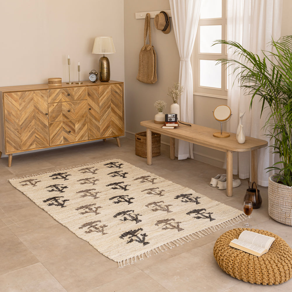Handwoven Cotton-Jute Natural Ethnic Rug - Vintage Geometric Design
