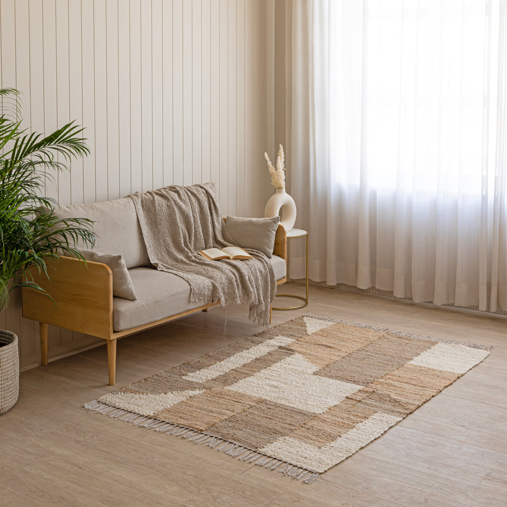 Handwoven Cotton-Jute Natural Ethnic Rug - Vintage Geometric Design