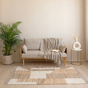Rustic Striped Kilim-inspired Wool-Jute RugHandcrained Flatweave with Traditional indian Geometric Pattern