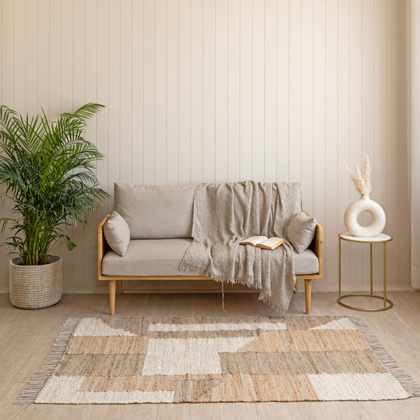 Rustic Striped Kilim-inspired Wool-Jute RugHandcrained Flatweave with Traditional indian Geometric Pattern