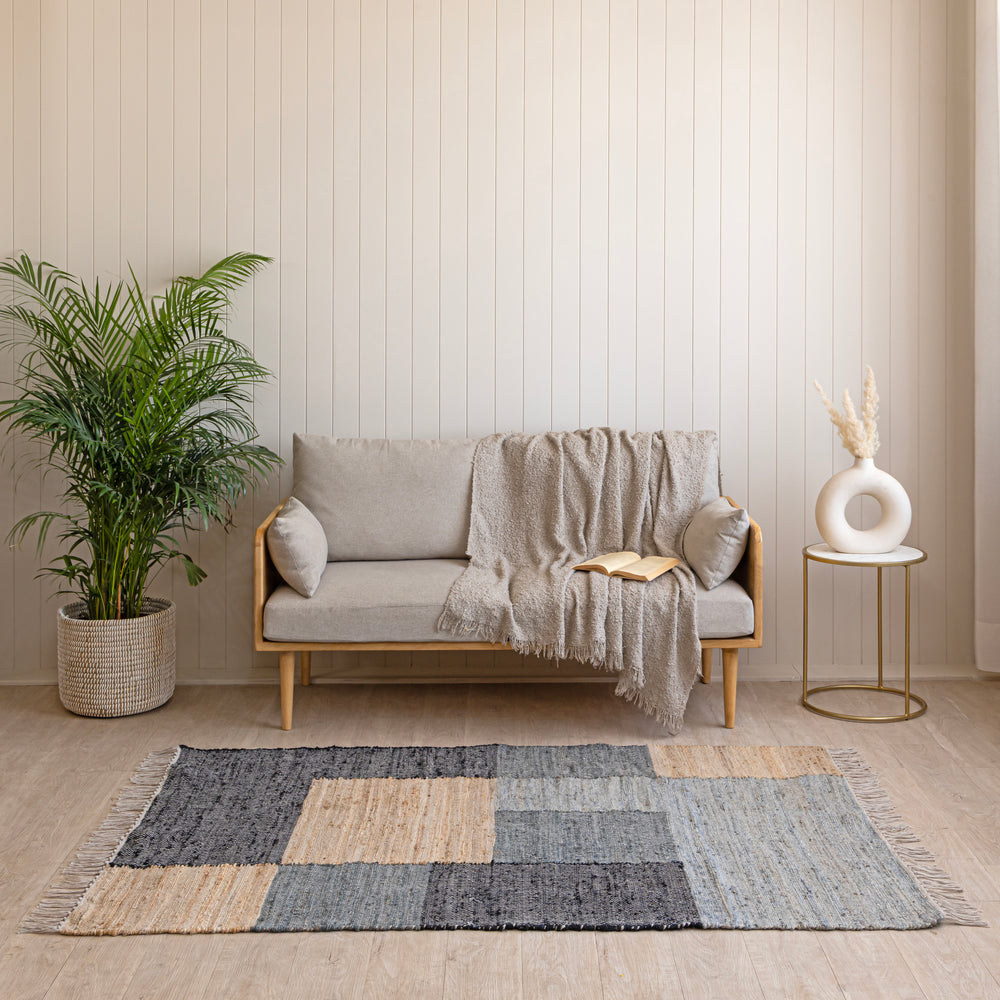 Handwoven Cotton-Jute Grey & Natural Ethnic Rug - Vintage Geometric Design