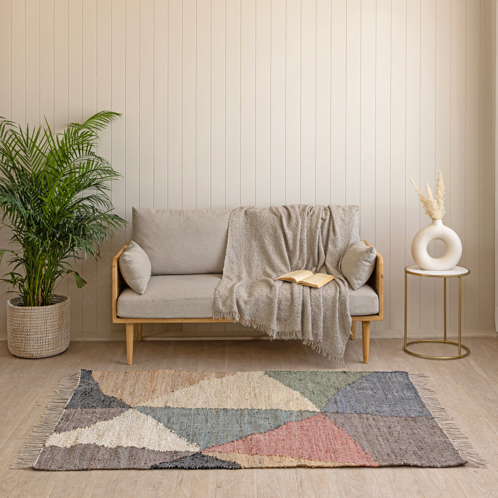 Handwoven Cotton-Jute Natural Ethnic Rug - Vintage Geometric Design