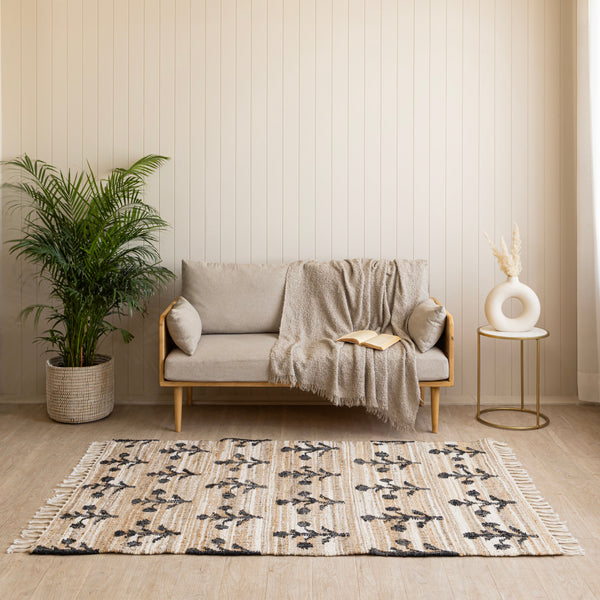 Handwoven Cotton-Jute Natural Ethnic Rug - Vintage Geometric Design
