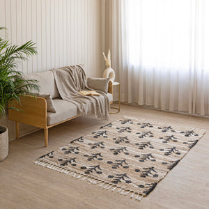 Handwoven Cotton-Jute Grey & Natural Ethnic Rug - Vintage Geometric Design
