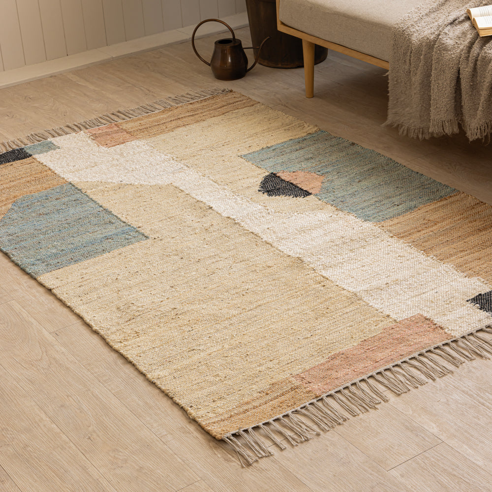 Handwoven Cotton-Jute Natural Ethnic Rug - Vintage Geometric Design