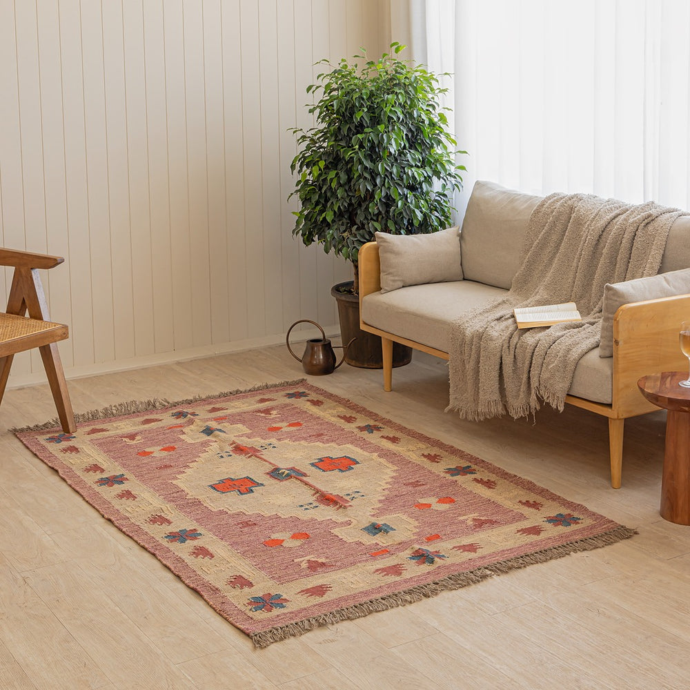 Handwoven Cotton-Jute Natural Ethnic Rug - Vintage Geometric Design