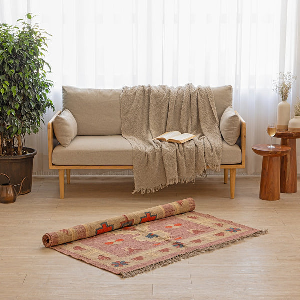 Handwoven Cotton-Jute Natural Ethnic Rug - Vintage Geometric Design