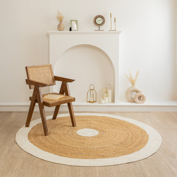Handmade Round Jute Area Rug with Off White Border Natural Fiber Braided Rug Modern Boho