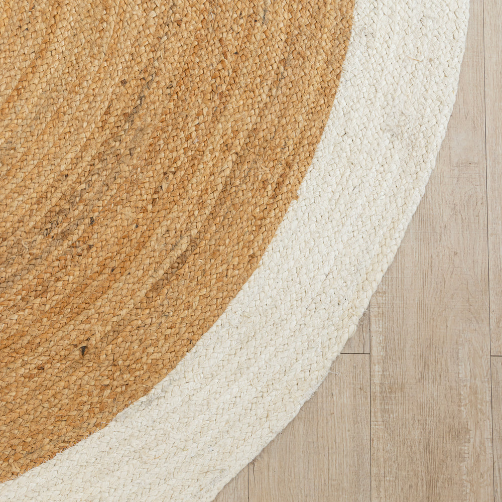 Handmade Round Jute Area Rug with Off White Border Natural Fiber Braided Rug Modern Boho